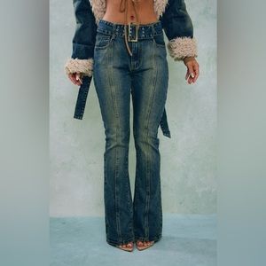 NWT prettylittlething vintage wash belted flare jeans